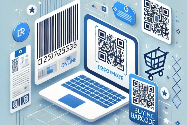 Professional featured image showcasing barcode labels, QR code, shopping cart icon, and a computer screen representing online barcode purchase and business optimization.