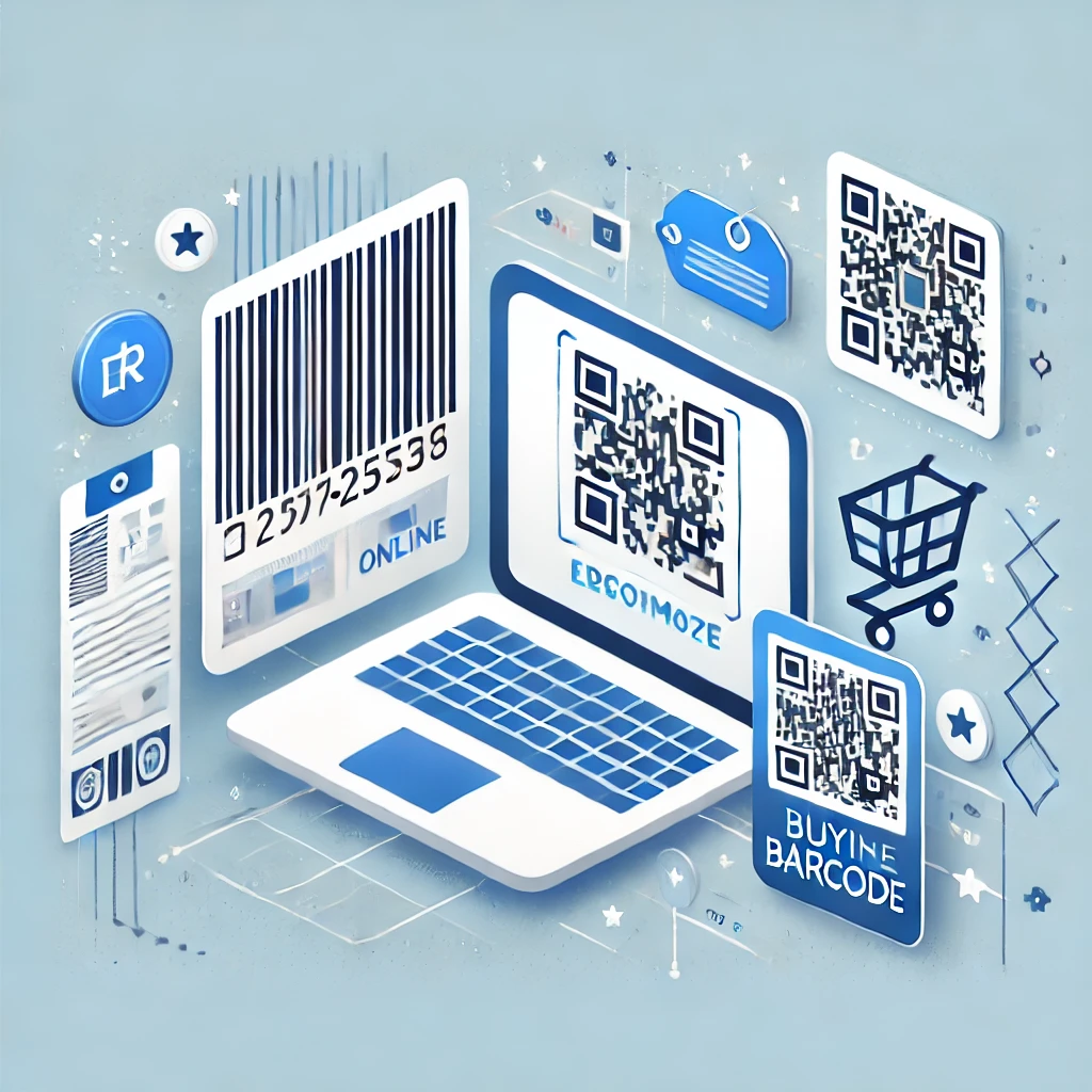 Professional featured image showcasing barcode labels, QR code, shopping cart icon, and a computer screen representing online barcode purchase and business optimization.