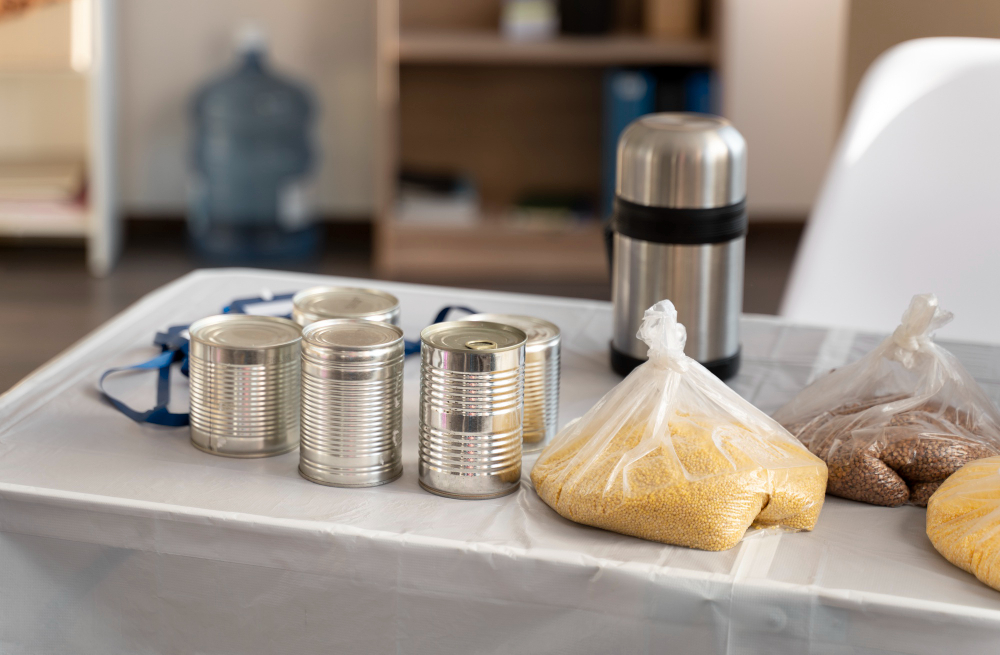 A table displaying a multi-layer food grid of assorted foods and a stylish stainless steel water bottle for hydration.