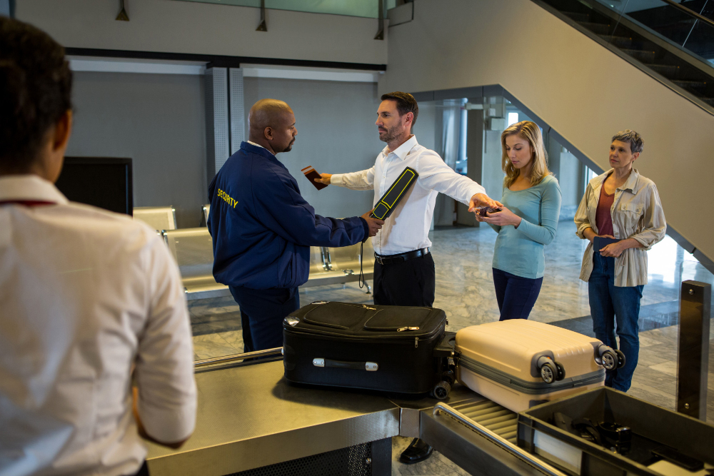 A man assists a woman by handing her a piece of luggage, showcasing teamwork in a commercial security setting.